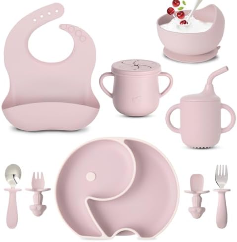 Mr.do Silicone Baby Feeding Set: 10 PCS Baby Led Weaning Supplies, Soft Toddler Suction Bowls and Divided Plates Utensils Set Sippy Snack Cups Spoons Forks Adjustable Bib for 6+ Months (Pink) Mr.do