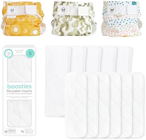 Honest Hybrid Cloth Diaper Cover + Super Boosties Reusable Inserts, Small (8-15 lbs), Cotton Muslin Honest Covers Feature Pocket-Sling, 3 Pack, Boosties Inserts 10 Count Amazing Baby