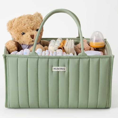 Blissful Diary Baby Diaper Caddy Organizer, Stylish Nursery Storage Basket - Gift for Baby Shower, Baby Registry Must Have, Newborn Essentials - Baby Caddy Organizer for Diaper Station - Sage Green Blissful Diary