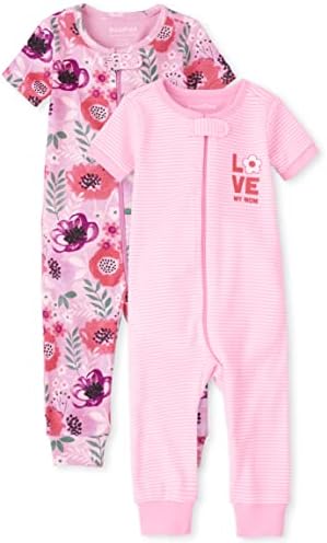 Сплошная пижама на ножках The Children's Place для маленьких девочек Love Mom с цветочным принтом, 2 шт., плотная хлопковая пижама на молнии спереди The Children's Place