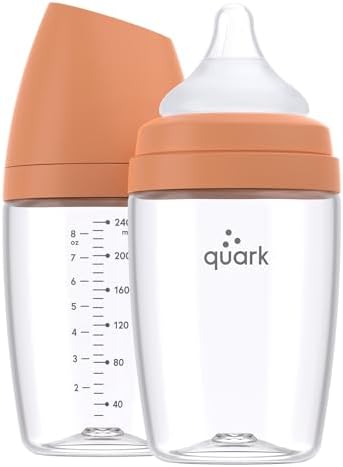 Бутылочка BuubiBottle Max с медленным потоком для новорожденных от Quark — с антиколиковой соской RealFeel для имитации грудного вскармливания — не содержит бисфенола А, ПВХ и токсинов — бутылочка емкостью 8 унций с крышкой, упаковка из 2 штук — оранжевая Quark