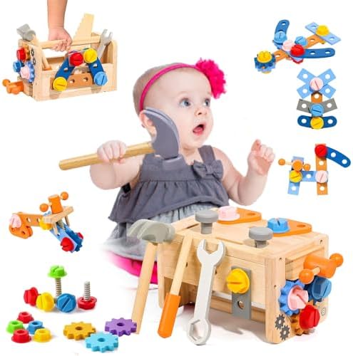 Деревянный кубик Aozzy 7-в-1 для малышей 1–4 лет, игрушка Монтессори с часами-жирафом, механизм для ксилофона, консервная банка, обучение координации рук и глаз, мелкая моторика, подарок на день рождения для малыша Aozzy