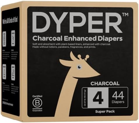 DYPER Charcoal Enhanced Size 4 Diapers | Baby Diapers from Plant-Based* & Honest Materials | Day & Overnight Diapers | Disposable Diapers for Sensitive Skin | Viscose from Bamboo Diapers - 44 Count DYPER