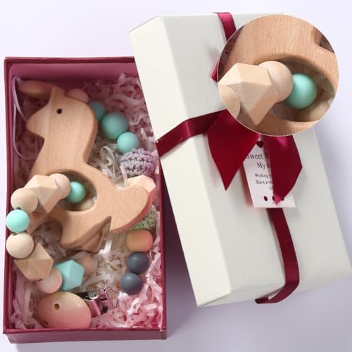 Деревянная погремушка в подарочной упаковке, детские силиконовые цепочки для пустышек для новорожденных (красная коробка) Generic