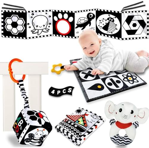 Forinces 4 шт. детские игрушки 0-6 месяцев: новорожденный должен иметь высокую контрастность, черно-белые детские игрушки 0-3 месяца, игрушка для животика, игрушки Монтессори для детей 6-12 месяцев, сенсорные игрушки, предметы первой необходимости для новорожденных, подарок Forinces