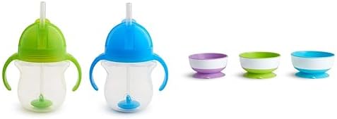 Munchkin® Any Angle™ Weighted Straw Trainer Cup with Click Lock™ Lid, 7 Ounce, 2 Count (Pack of 1), Blue/Green & ® Stay Put™ Suction Bowls for Babies and Toddlers, 3 Pack, Blue/Green/Purple Munchkin