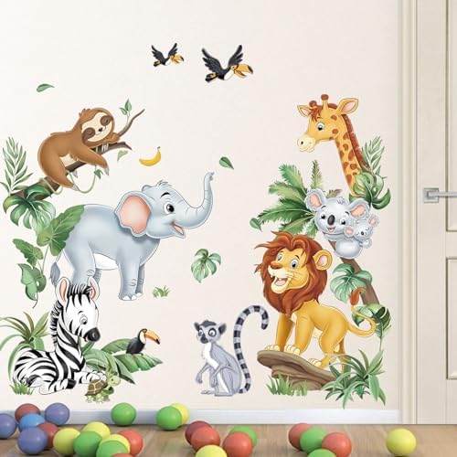 decalmile Jungle Animals Tree Wall Decals Elephant Giraffe Lion Safari Wall Stickers Baby Nursery Kids Bedroom Living Room Wall Decor Decalmile