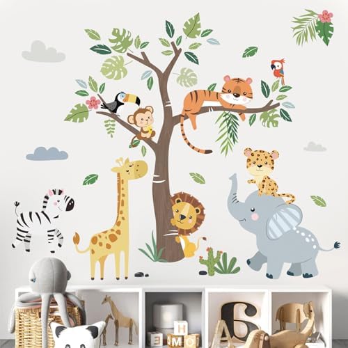 decalmile Jungle Animals Tree Wall Decals Elephant Giraffe Lion Safari Wall Stickers Baby Nursery Kids Bedroom Living Room Wall Decor Decalmile