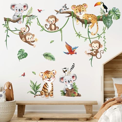 decalmile Jungle Animals Tree Wall Decals Elephant Giraffe Lion Safari Wall Stickers Baby Nursery Kids Bedroom Living Room Wall Decor Decalmile