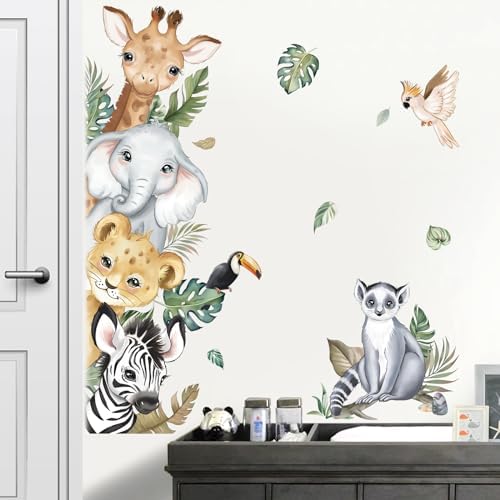 decalmile Jungle Animals Tree Wall Decals Elephant Giraffe Lion Safari Wall Stickers Baby Nursery Kids Bedroom Living Room Wall Decor Decalmile