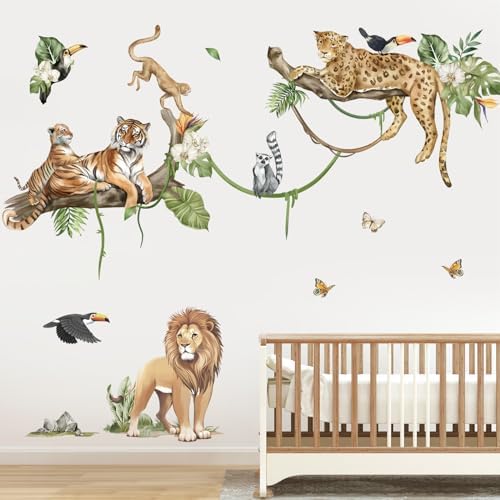 decalmile Jungle Animals Tree Wall Decals Elephant Giraffe Lion Safari Wall Stickers Baby Nursery Kids Bedroom Living Room Wall Decor Decalmile