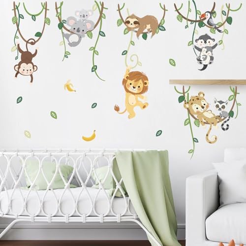 decalmile Jungle Animals Tree Wall Decals Elephant Giraffe Lion Safari Wall Stickers Baby Nursery Kids Bedroom Living Room Wall Decor Decalmile