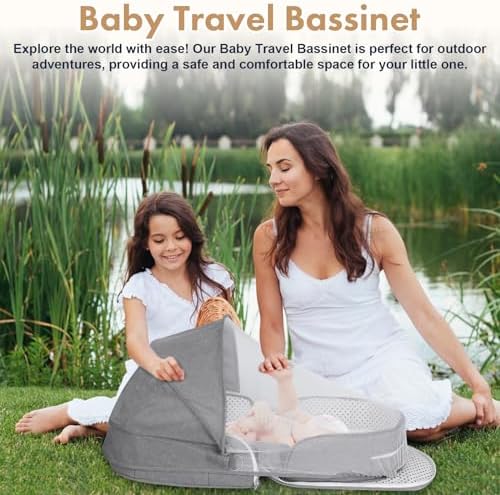 omzer Baby Travel Bassinet Portable Bassinets - Foldable Carry Bag Bassinet Anti-Pressure Baby Co-Sleeping Bed Lightweight Travel Pod Infant Travel Bed with 2-1 Mosquito & Canopy Grey omzer