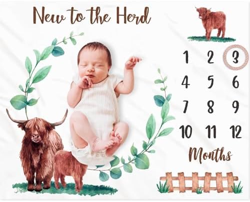 Gicoherero Highland Cows Baby Monthly Milestone Blanket Scotland Photo Prop Month Blanket Growth Chart Gift Ideas for Newborn Boy Girl Nursery Décor Baby Shower 40" X 50" Gicoherero