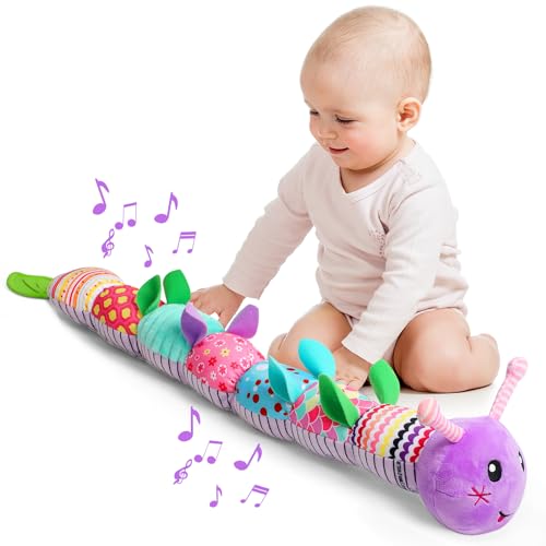 Музыкальные мягкие игрушки для младенцев на возраст 0–3–6–12 месяцев, с мультисенсорной складкой, погремушкой и текстурой, игрушки для младенцев на животике для новорожденных, подарки для маленьких мальчиков и девочек, розовая гусеница Dearlomum