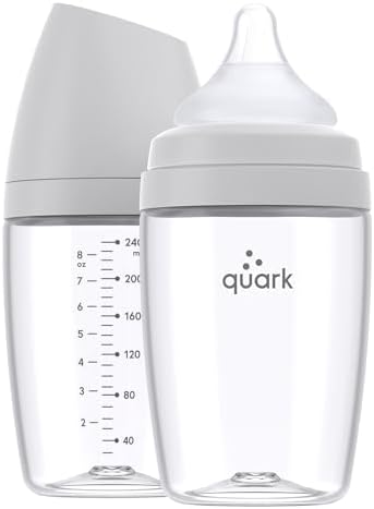 Бутылочка BuubiBottle Max с медленным потоком для новорожденных от Quark — с антиколиковой соской RealFeel для имитации грудного вскармливания — не содержит бисфенола А, ПВХ и токсинов — бутылочка на 8 унций с крышкой, упаковка из 2 штук — серая Quark