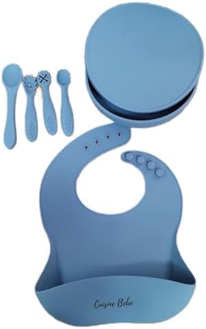 Силиконовый набор для кормления ребенка Cuisine Bebe, состоящий из 4 предметов: тарелка, нагрудник, миска, ложка и посуда для ребенка от 6 месяцев Cuisine Bebe