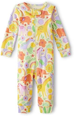 The Children's Place Цельная пижама на ножке с длинными рукавами и молнией спереди для маленьких девочек и малышей, плотно прилегающая, 100% хлопок, желтый цвет джунглей, 18–24 месяца The Children's Place