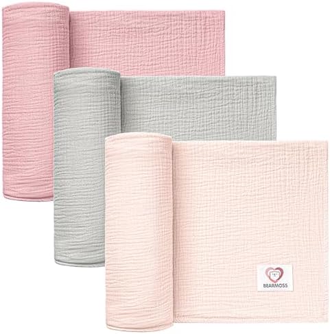 Bearmoss Muslin Swaddle Blankets 100% Cotton Baby Swaddle Blankets 45x45in, Super Soft Breathable Receiving Blankets for Unisex Baby Boys Girls (3Pack Nutty Sauce) Bearmoss