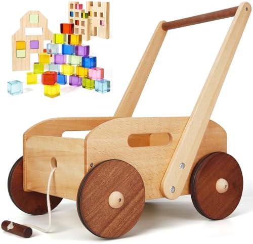 Woodtoe Wooden Baby Walker for Toddlers, Adjustable Speed Push Toys for Babies Learning to Walk, with Wooden Building Blocks Set for Kids, 36 PCS Rainbow Acrylic Gem Cubes Blocks Woodtoe