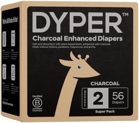 DYPER Charcoal Enhanced Size 2 Diapers | Baby Diapers from Plant-Based* & Honest Materials | Day & Overnight Diapers | Disposable Diapers for Sensitive Skin | Viscose from Bamboo Diapers - 56 Count DYPER