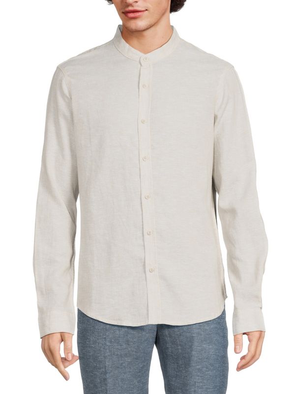 Рубашка из смесового льна с воротником-стойкой Saks Fifth Avenue