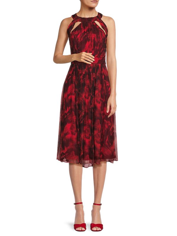 Плиссированное платье миди с цветочным вырезом BCBGMAXAZRIA