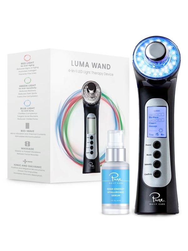 2-Piece 4-In-1 LED Luma Skin Therapy Wand & High Energy Hyaluronic Serum Set PURE DAILY CARE