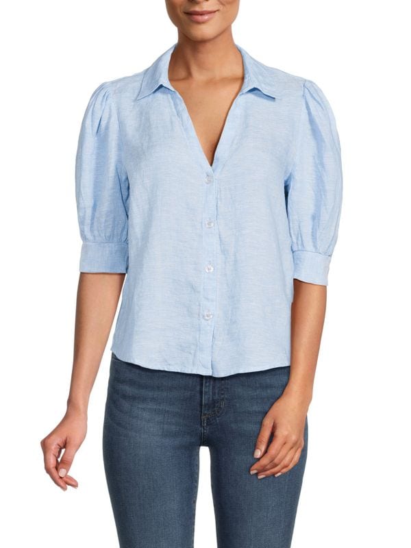 Рубашка на пуговицах из 100% льна с пышными рукавами Saks Fifth Avenue