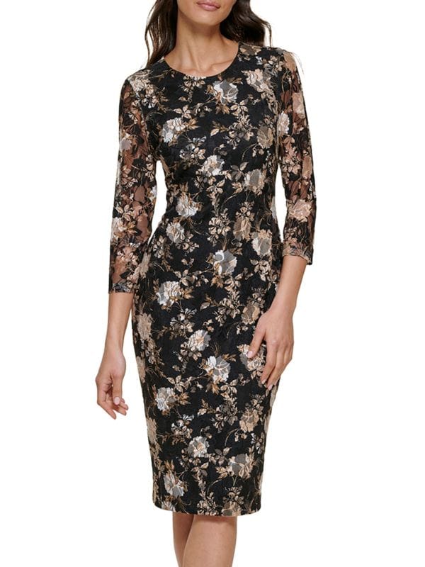 Кружевное платье-футляр миди с цветочным принтом Kensie
