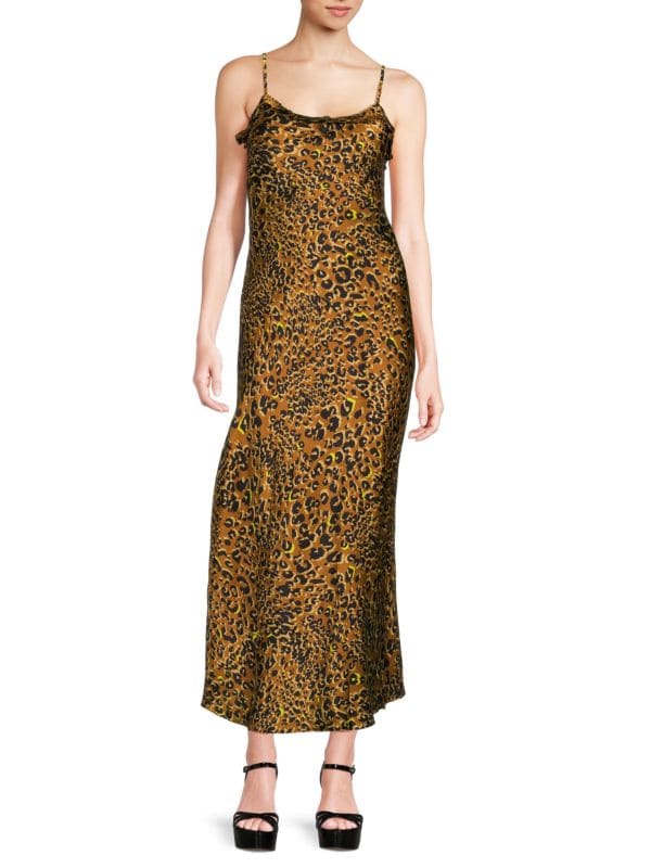 Атласное платье-комбинация макси с принтом гепарда MELLODAY