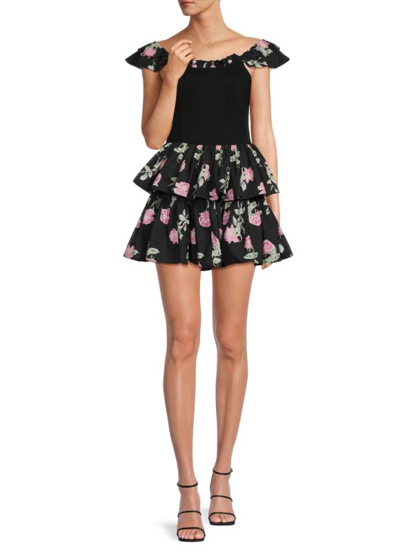Многоярусное мини-платье Sanam с цветочным принтом LOVESHACKFANCY