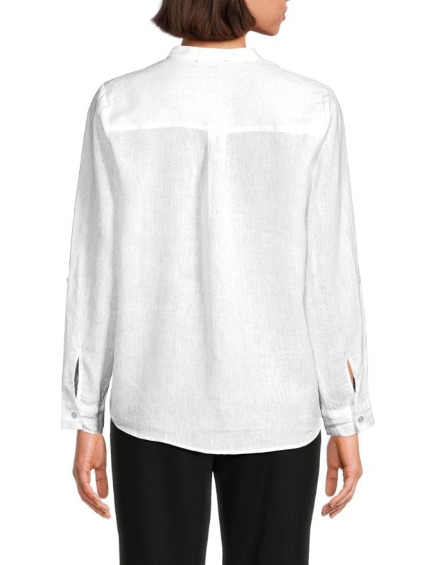 Рубашка на пуговицах из 100% льна с воротником-стойкой Saks Fifth Avenue
