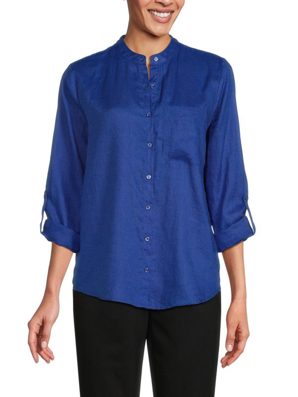 Рубашка на пуговицах из 100% льна с воротником-стойкой Saks Fifth Avenue