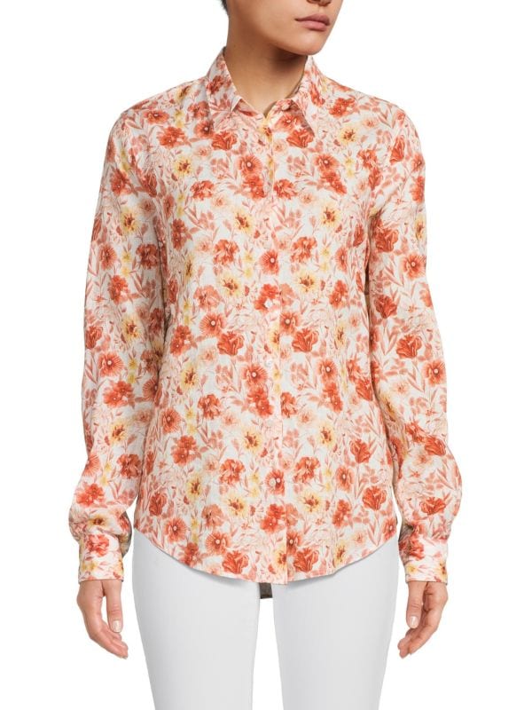Льняная рубашка на пуговицах с цветочным принтом Saks Fifth Avenue