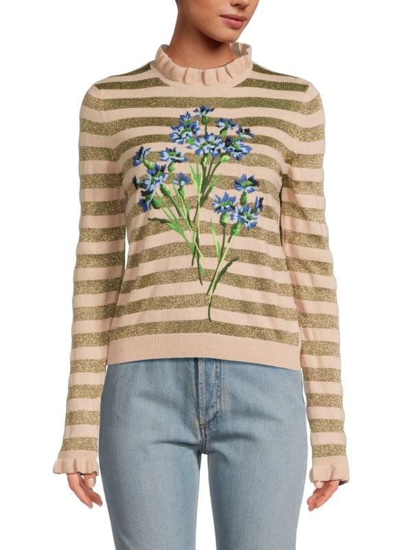 Floral Metallic Stripe Wool Blend Sweater REDValentino