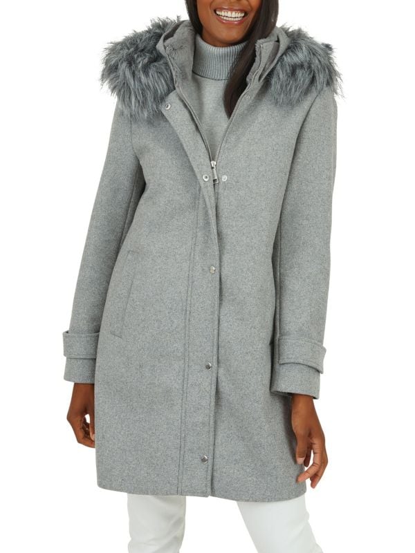 Пальто из смесовой шерсти с капюшоном и отделкой из искусственного меха Nine West