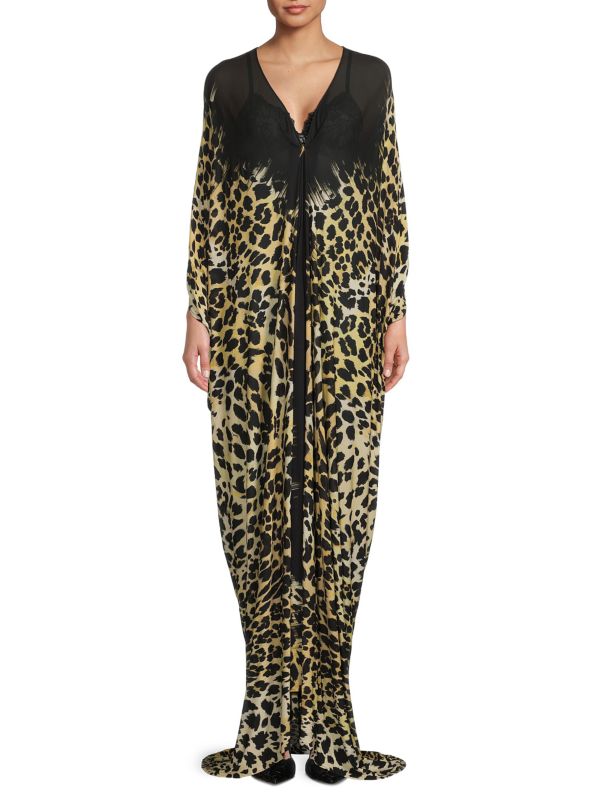 Платье-кафтан макси с леопардовым принтом Roberto Cavalli