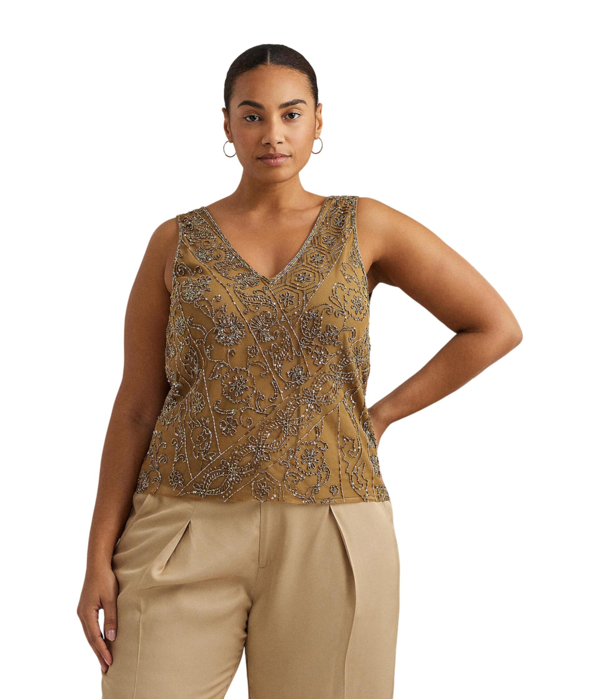 Блуза без рукавов из сетчатой ткани больших размеров с бисером LAUREN Ralph Lauren