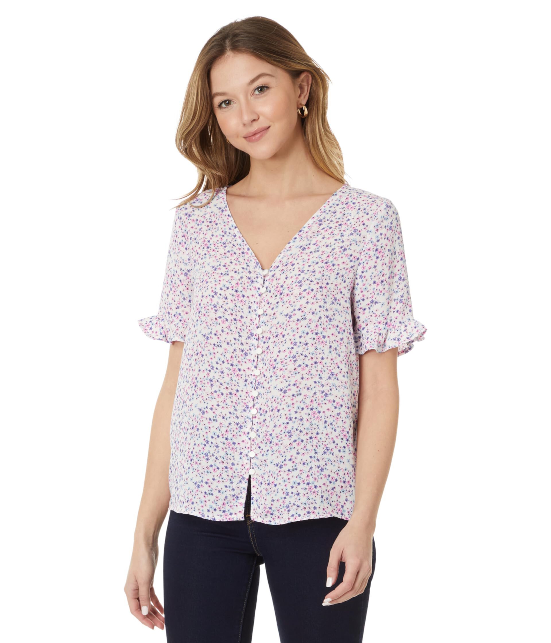 Floral Ruffled Sleeve Button-Up Blouse CeCe