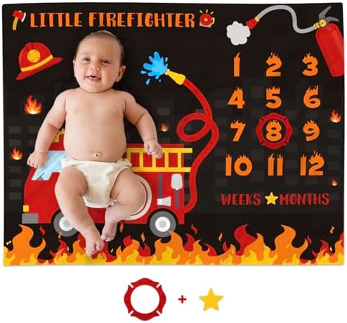 Gicoherero Fire Truck Baby Milestone Blanket for Boy Little Firefighter Monthly Growth Chart Soft Plush Fleece Nursery Blanket Newborn Baby Boy Bedding Photography Background Gicoherero