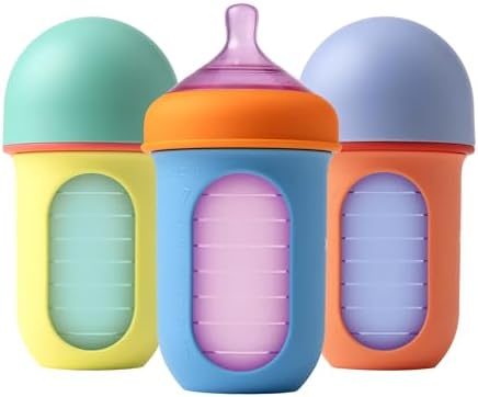 Boon Nursh Reusable Baby Bottle with Collapsible Silicone Pouch Design - Everyday Baby Essentials - Stage 2 Medium Flow Baby Bottles - Color Block - 8 Oz Boon