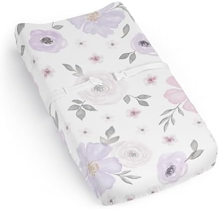 Sweet Jojo Designs Lavender Purple Boho Floral Girl Baby Changing Pad Cover Sheet Infant Newborn Diaper Change Mat Cover Pink Grey Bohemian Farmhouse Shabby Chic Rose Lily Watercolor Flower Elegant Sweet Jojo Designs