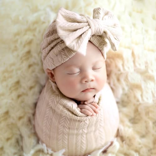 Ylsteed Baby Swaddle Blanket Newborn Swaddle Wrap Receiving Blankets Newborn Photography Wrap Props with Hat and Bow Headband Baby Stretch Knitted Wrap for Boys Girls 31.5"x35.4" 3Pcs-Pink Ylsteed