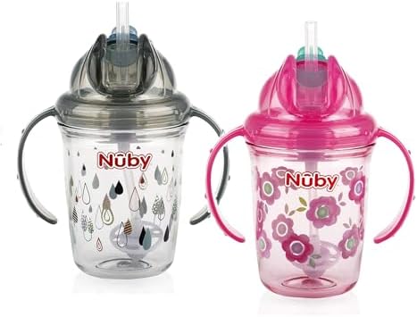 Nuby Tritan Чашка No Spill Flip N 'Sip с принтом и двойной ручкой, соломинка с утяжелением на 360°, 2 шт., розовый/серый NUBY