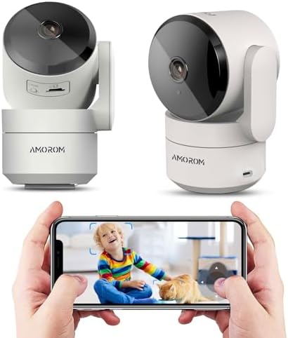 Wi-Fi-камера безопасности для домашнего наблюдения, 2 камеры для домашних животных с приложением для телефона, отслеживание движения при повороте и наклоне, режим конфиденциальности, ночное видение, карта Micro SD/облачное хранилище, работа с Google Assistant/Alexa (белый) AMOROM