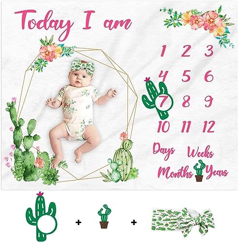 Cactus Baby Milestone Blanket Monthly Photography Blanket for Baby Girls Watercolor Design Newborn Baby Blanket for Age Photo Props Soft Fleece Milestone Newborn Gift Idea Photography Backdrop Gicoherero