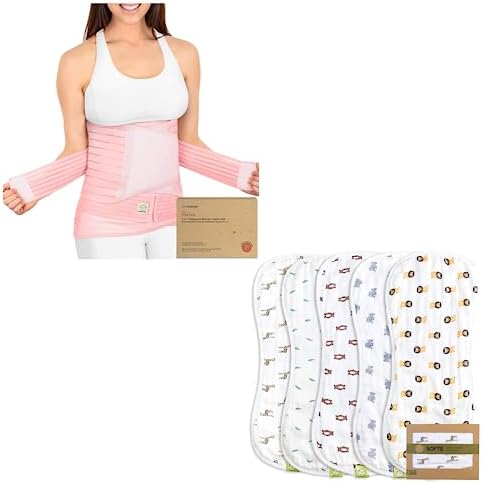 KeaBabies 3 in 1 Postpartum Belly Support Recovery Wrap and Organic Muslin Baby Burp Cloths Bundle - Pregnancy Belly Support Band (Blush Pink, One Size) - arge Absorbent Muslin Burp Cloths (The Wild) KeaBabies