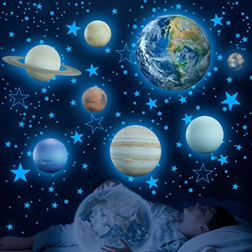 Светящиеся в темноте наклейки на стены солнечной системы со звездами, наклейки со звездами и планетами для потолка, детская наклейка на стену, декор космической комнаты (синий) Robmoda
