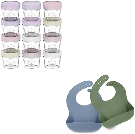 KeaBabies 12-Pack Baby Food Glass Containers and 2-Pack Baby Silicone Bibs - 4 oz Leak-Proof, Microwavable, Baby Food Storage Container - Waterproof, Easy Wipe Silicone Bib for Babies, Toddlers KeaBabies